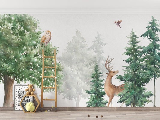 Animals in the Forest Wallpaper For Kidsroom, Childrens Wallpaper, Wall Mural Nursery,  Deer Bird Owl Kids Wallpaper, Watercolor Wallpaper