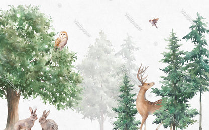 Animals in the Forest Wallpaper For Kidsroom, Childrens Wallpaper, Wall Mural Nursery,  Deer Bird Owl Kids Wallpaper, Watercolor Wallpaper