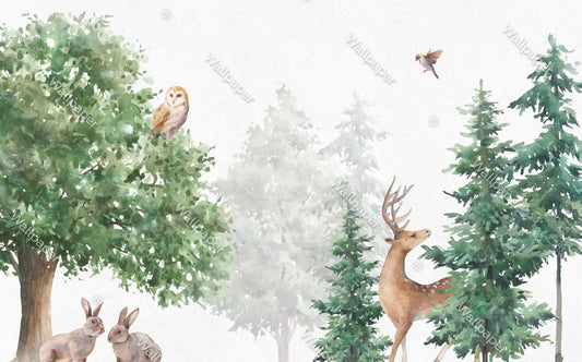 Animals in the Forest Wallpaper For Kidsroom, Childrens Wallpaper, Wall Mural Nursery,  Deer Bird Owl Kids Wallpaper, Watercolor Wallpaper