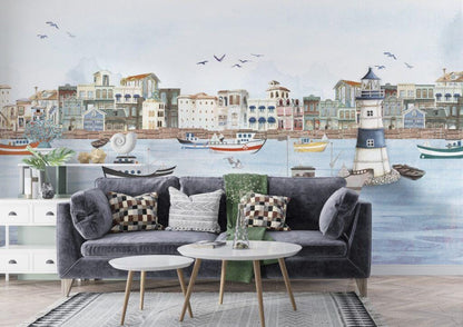 Buildings and Lighthouse Kids Wallpaper,  Seaside Town Wallpaper For Kidsroom, Sea Wallpaper Nursery, Ships and Boats Childrens Wallpaper