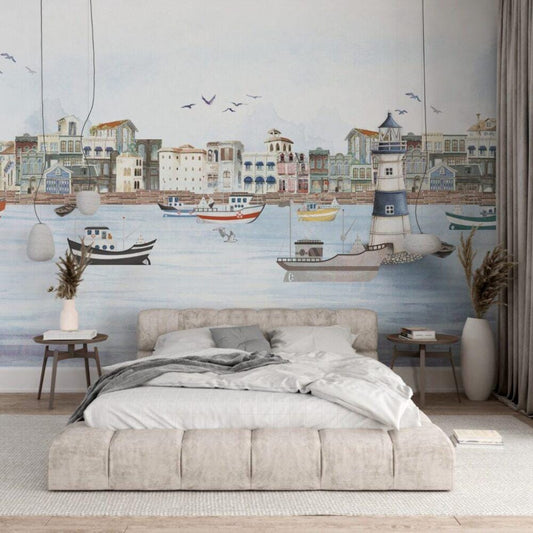 Buildings and Lighthouse Kids Wallpaper,  Seaside Town Wallpaper For Kidsroom, Sea Wallpaper Nursery, Ships and Boats Childrens Wallpaper