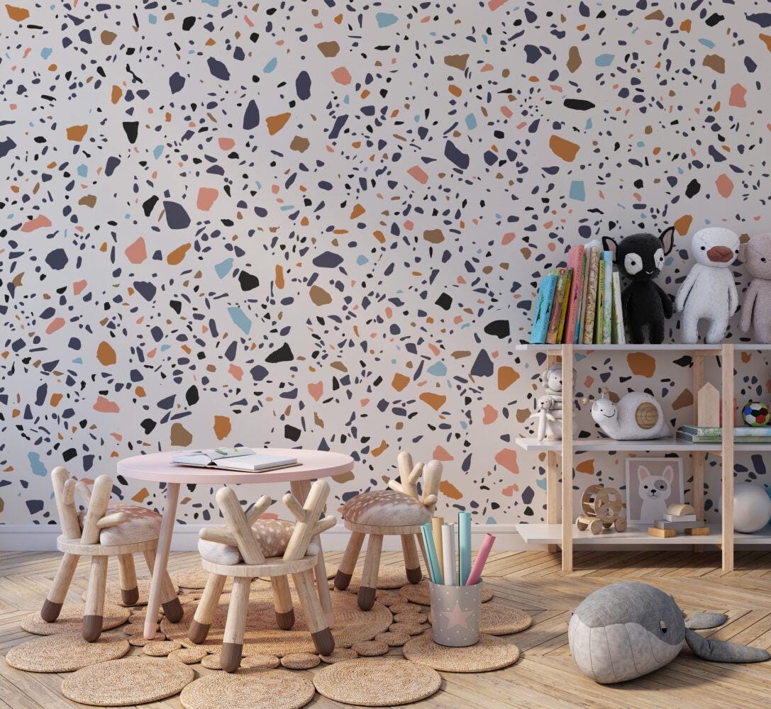 Small Colored Stone Patterns Kids Wallpaper on a White Background, Child Wallpaper, Bright Wallpaper Nursery, Colourful Baby Room Wallpaper