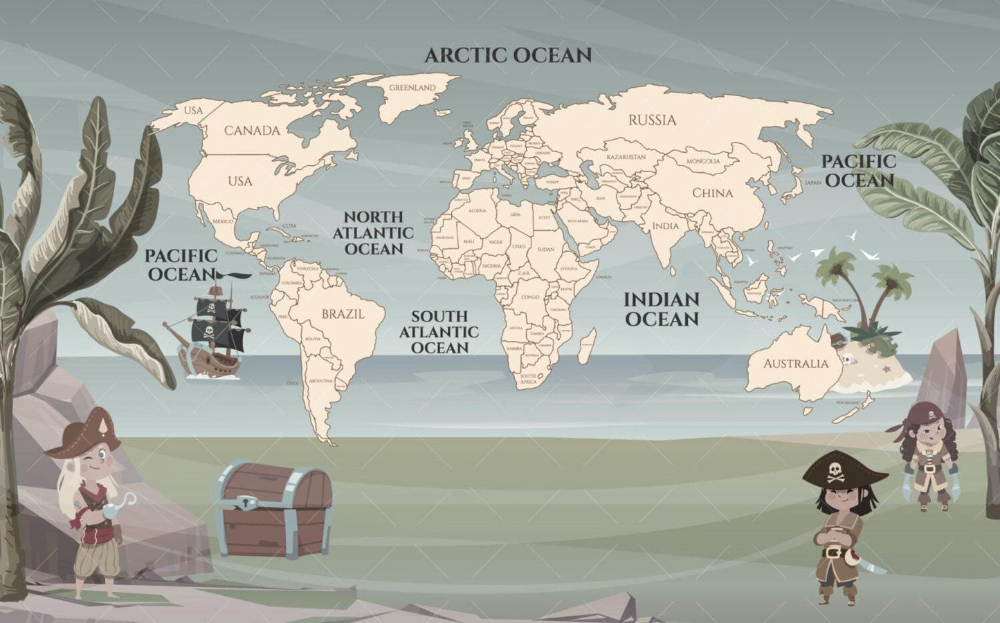 Pirate World Map Wallpaper For Kidsroom, 3D Kids Wallpaper , Children Wallpaper , Peel and Stick Wallpaper Nursery, Baby Wallpaper
