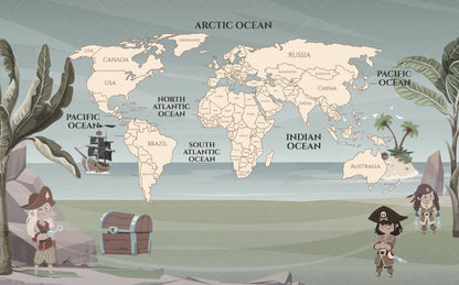 Pirate World Map Wallpaper For Kidsroom, 3D Kids Wallpaper , Children Wallpaper , Peel and Stick Wallpaper Nursery, Baby Wallpaper