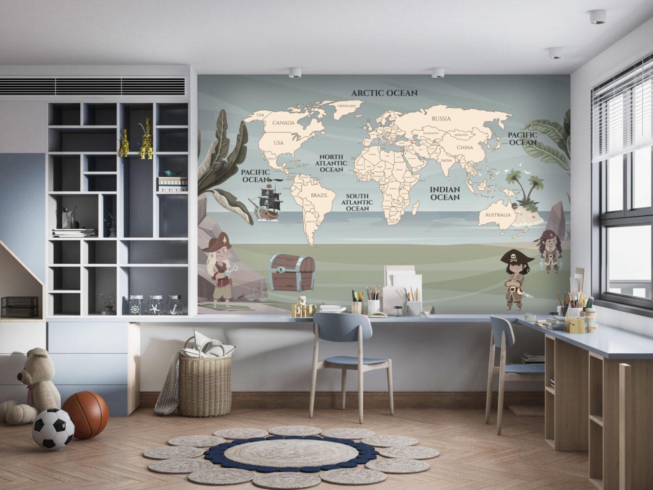 Pirate World Map Wallpaper For Kidsroom, 3D Kids Wallpaper , Children Wallpaper , Peel and Stick Wallpaper Nursery, Baby Wallpaper