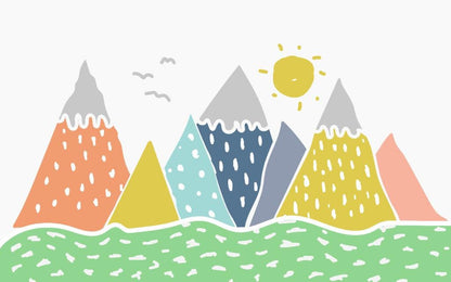 Mountain and Sun Themed 3D Kids Wallpaper, Illustration Lake and Mountain Fun Children's Wallpaper, Colourful Watercolor Wallpaper Nursery