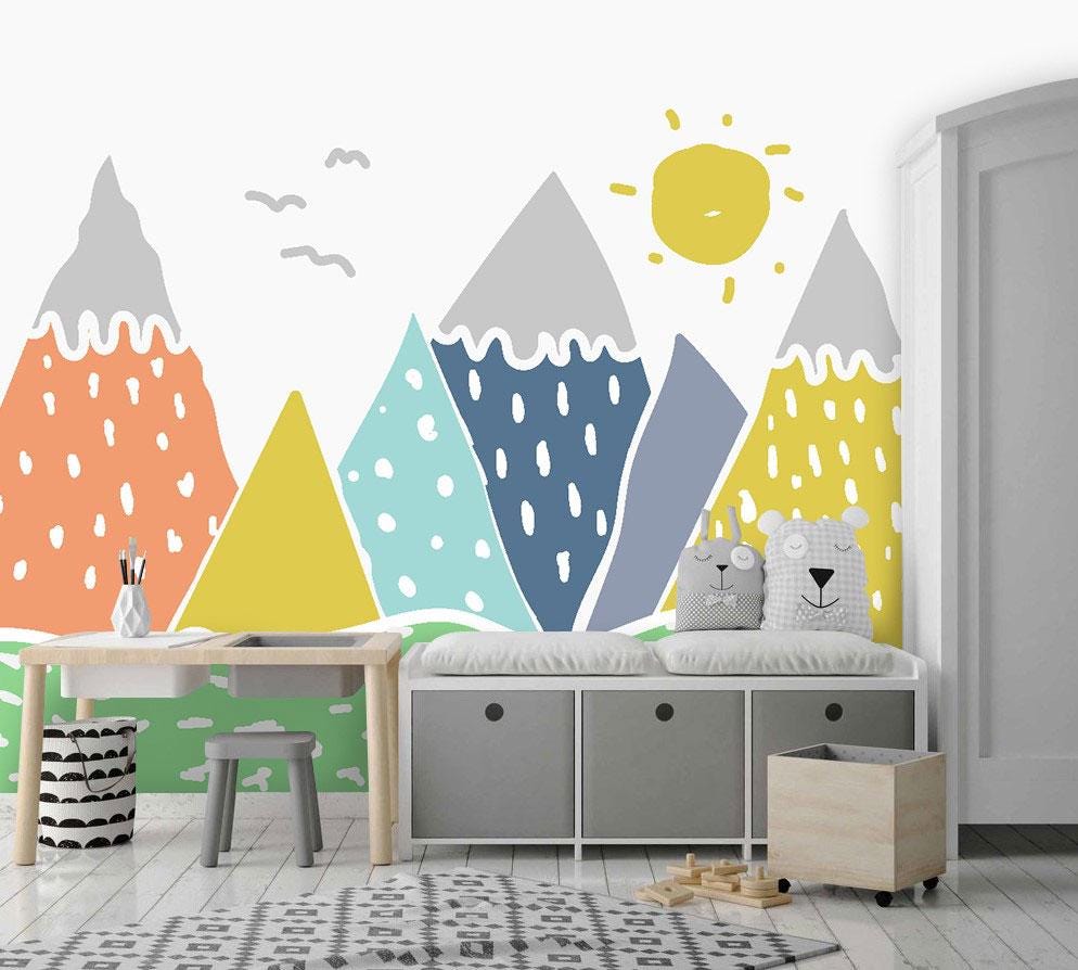 Mountain and Sun Themed 3D Kids Wallpaper, Illustration Lake and Mountain Fun Children's Wallpaper, Colourful Watercolor Wallpaper Nursery