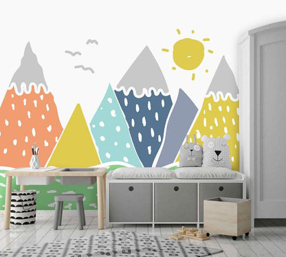 Mountain and Sun Themed 3D Kids Wallpaper, Illustration Lake and Mountain Fun Children's Wallpaper, Colourful Watercolor Wallpaper Nursery