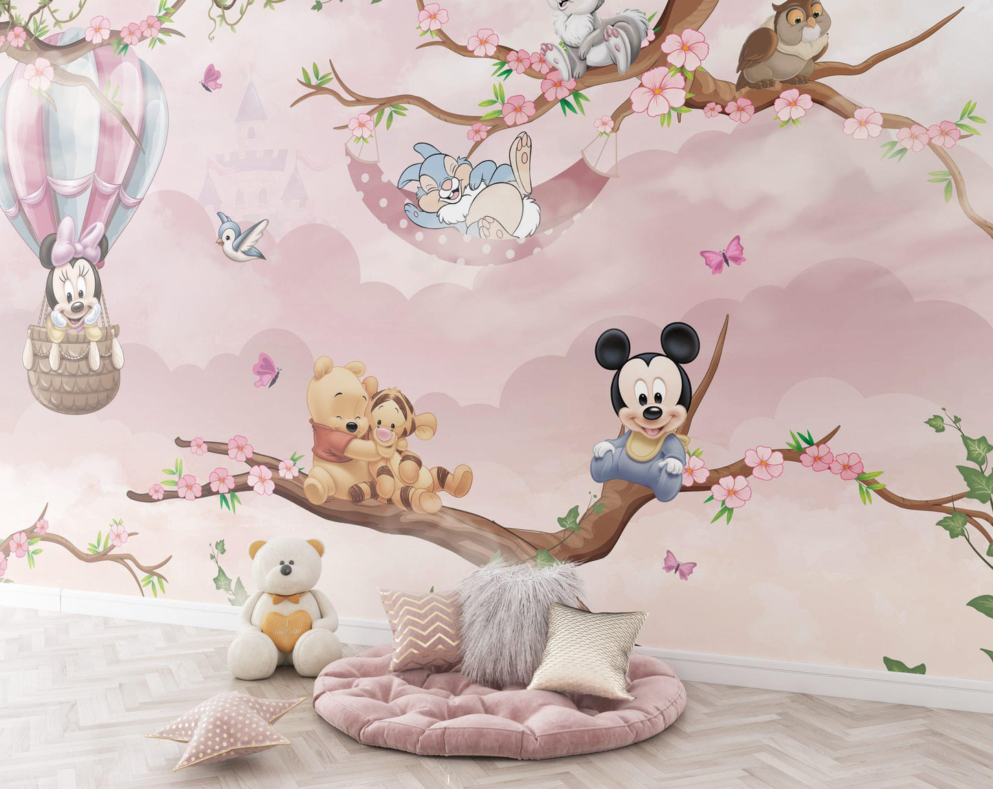 Minnie Mouse and Winnie The Pooh Wallpaper For Kidsroom, Cute Animals Wallpaper Nursery, Childrens Wallpaper, Pink Baby Girl Wallpaper