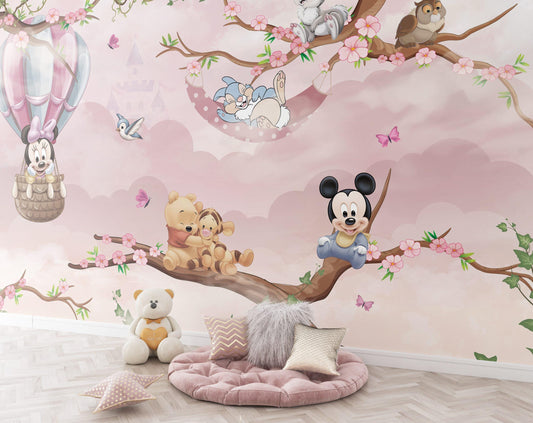 Minnie Mouse and Winnie The Pooh Wallpaper For Kidsroom, Cute Animals Wallpaper Nursery, Childrens Wallpaper, Pink Baby Girl Wallpaper