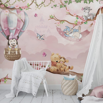 Minnie Mouse and Winnie The Pooh Wallpaper For Kidsroom, Cute Animals Wallpaper Nursery, Childrens Wallpaper, Pink Baby Girl Wallpaper
