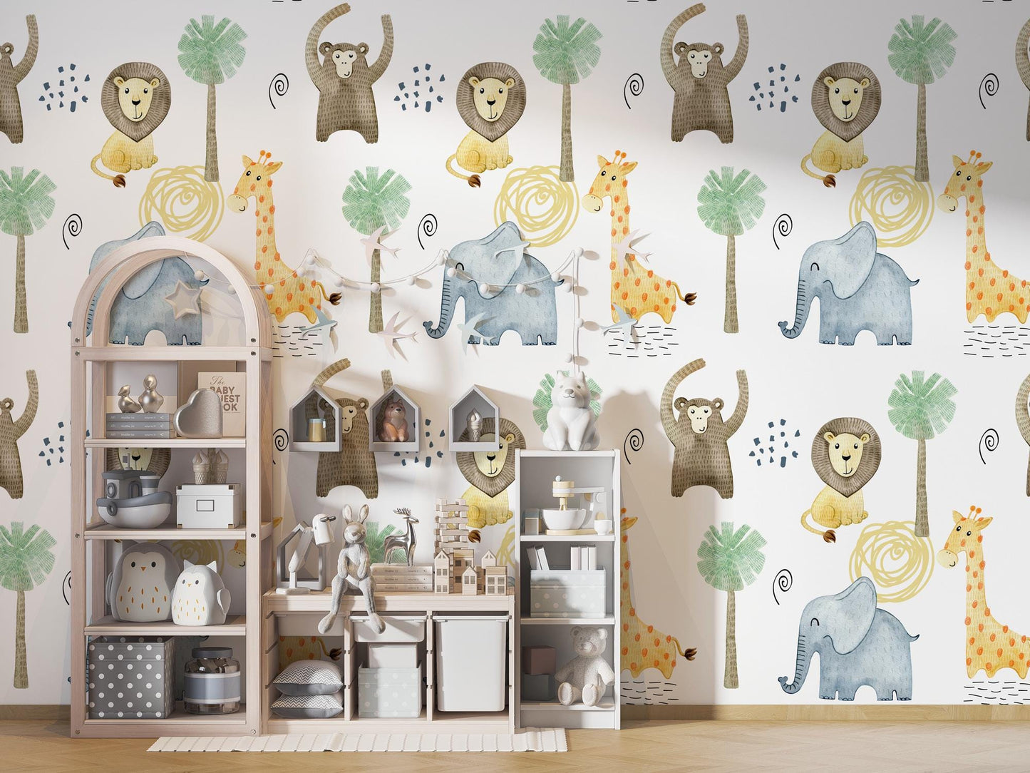 Minimalist Safari Animals Watercolor Wallpaper, Illustration Wallpaper Nursery, Art Child Wallpaper, Colorful Peel and Stick Baby Wallpaper