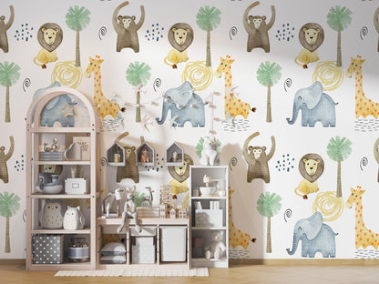 Minimalist Safari Animals Watercolor Wallpaper, Illustration Wallpaper Nursery, Art Child Wallpaper, Colorful Peel and Stick Baby Wallpaper