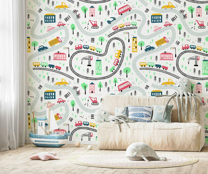 Colourful Vehicles Wallpaper, Funny Wallpaper Nursery, Baby Room Wallpaper, School Wallpaper, Cars and City Traffic Boys Wallpaper