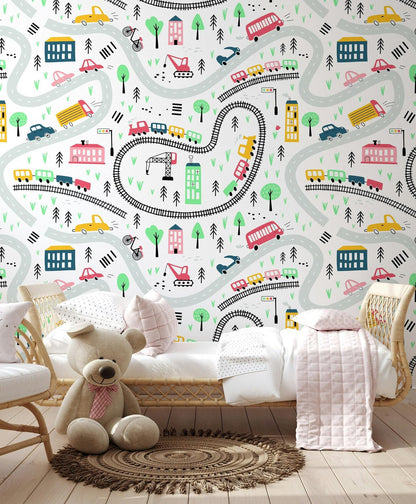 Colourful Vehicles Wallpaper, Funny Wallpaper Nursery, Baby Room Wallpaper, School Wallpaper, Cars and City Traffic Boys Wallpaper