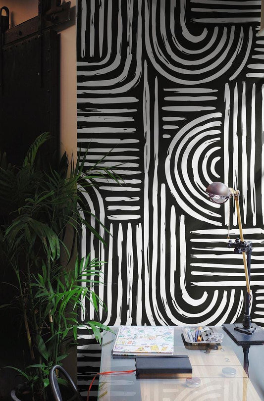 Black and White Lines Wallpaper, Peel & Stick Wallpaper, Stylish Room Design, Modern Wallpaper, Contemporary Wallpaper, Abstract Wall Poster