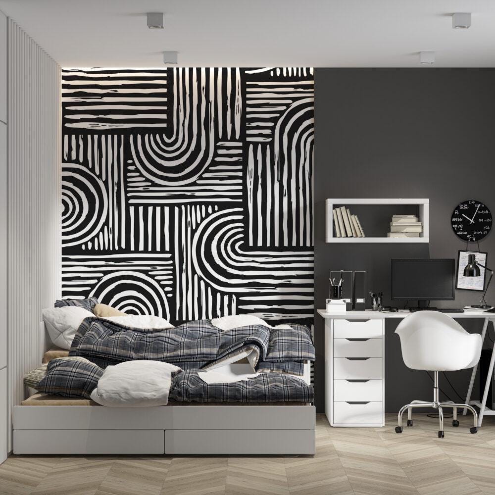 Black and White Lines Wallpaper, Peel & Stick Wallpaper, Stylish Room Design, Modern Wallpaper, Contemporary Wallpaper, Abstract Wall Poster