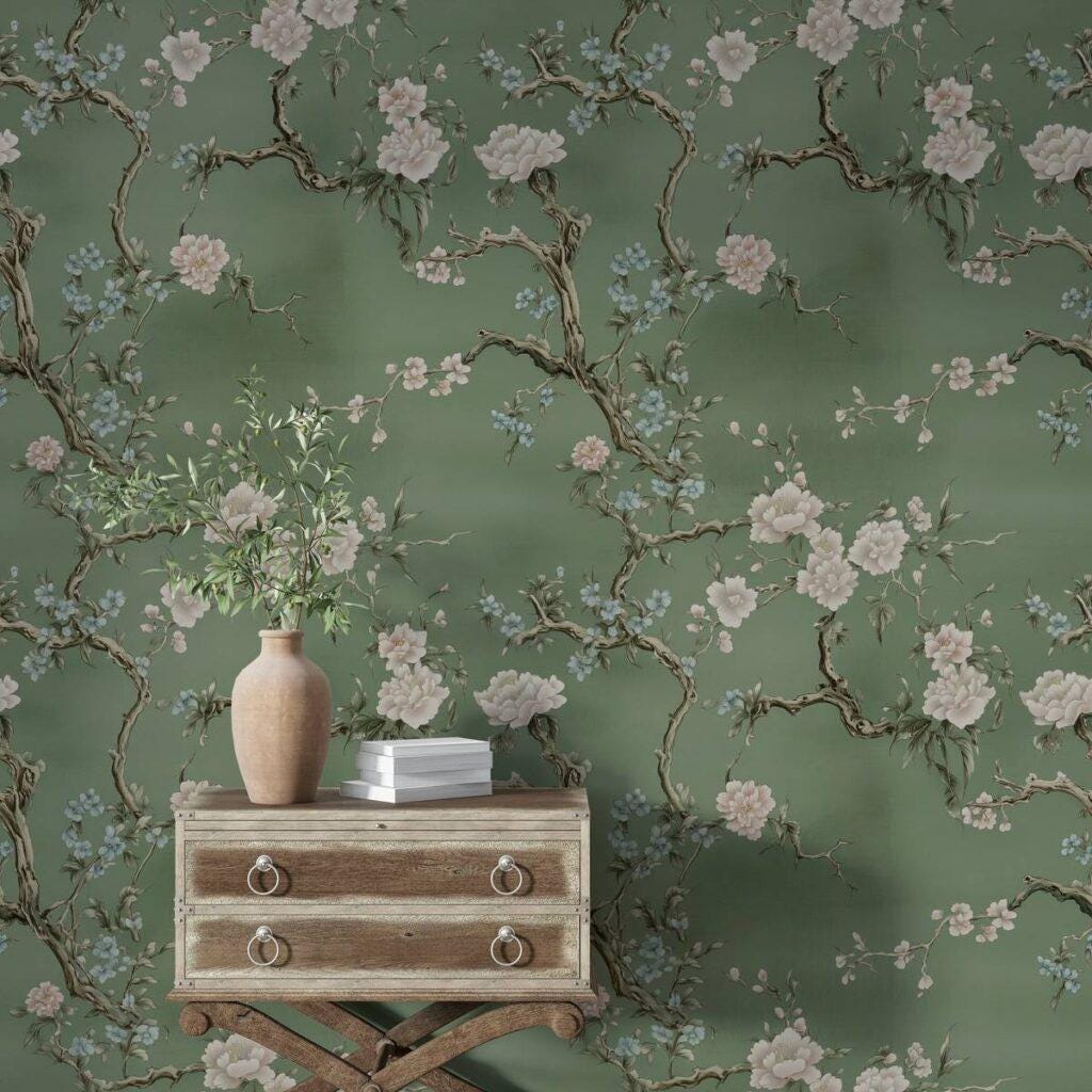 Chinoiserie Style Floral Wallpaper, Vintage Flower and Spring Branch Design Wall Poster on Green Background, Elegance Romantic Drawing Mural
