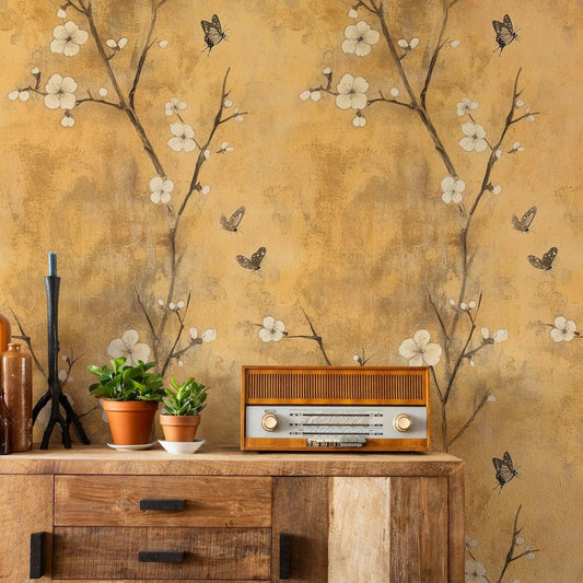 Yellow Color Chinoiserie Wallpaper, Vintage Floral Wallpaper, Romantic Wall Mural, Peel and Stick Wallpaper, Yellow Drawing Wallpaper