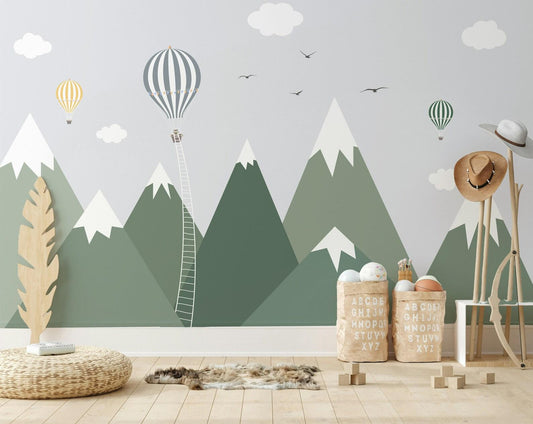 Illustration Green Mountain Kids Wallpaper, Green Wall Poster, Drawwing Child Wallpaper, Funny Baby Wallpaper, Colourful Watercolor Nursery