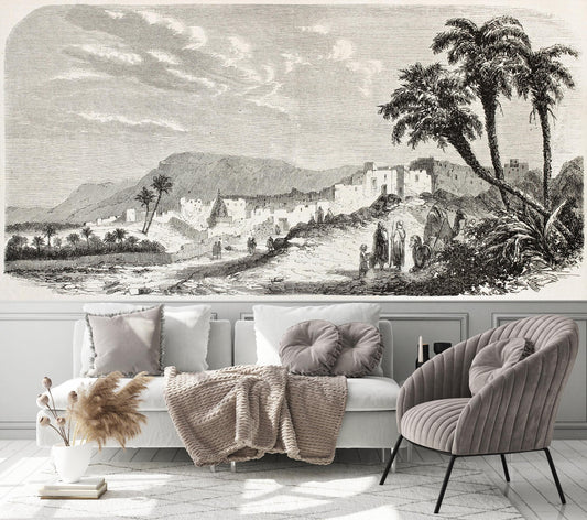 Castle Walls Landscape Wallpaper, Tual Wallpaper, Nature Mural, Drawwing Wallpaper, Peel and Stick Wallpaper, Sktech Wallpaper