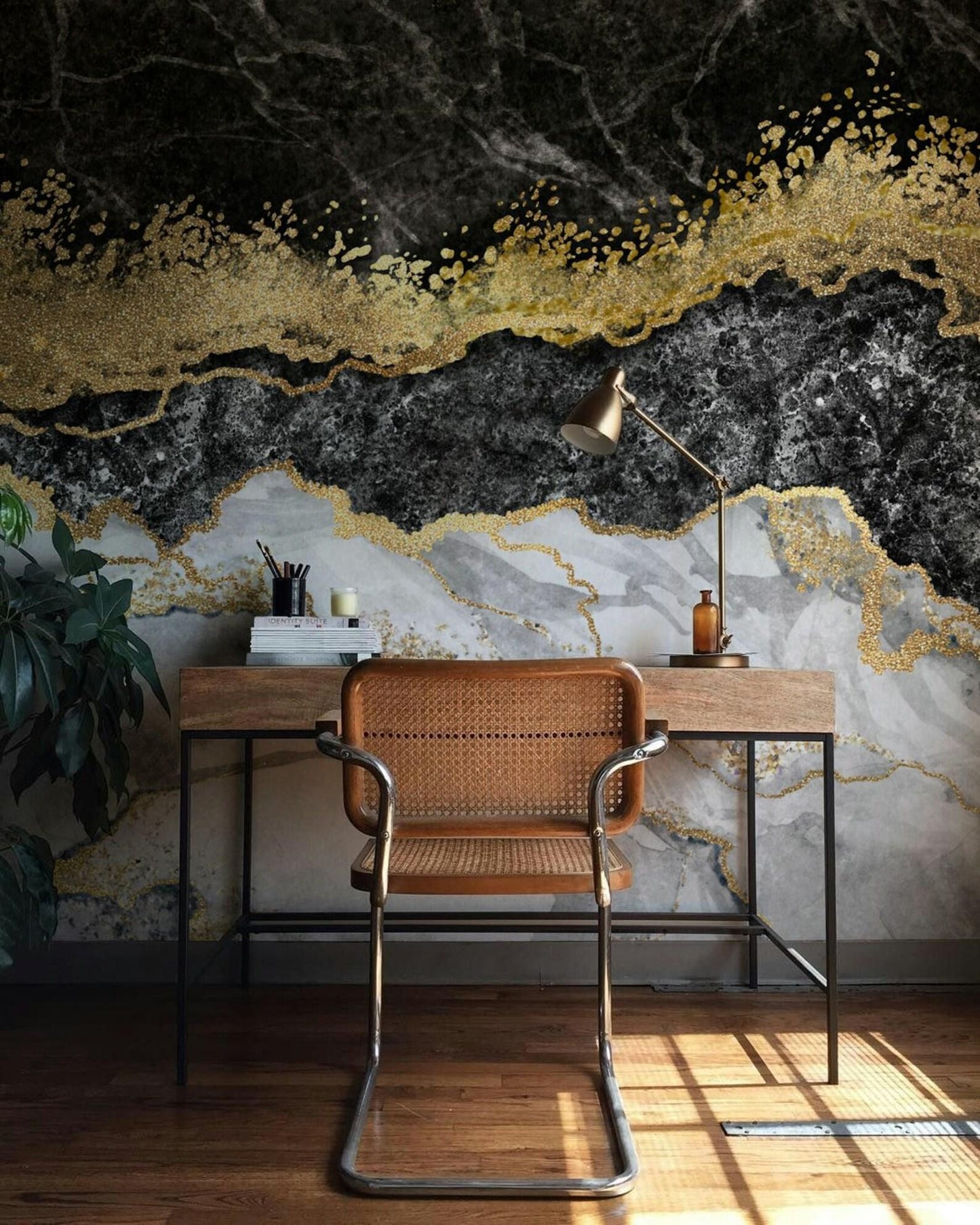 Black and Gold Marble Effect Wallpaper, Abstract Marble Texture Acrylic Paints Cool Mural, Stylish Wall Design, Modern Wallpaper