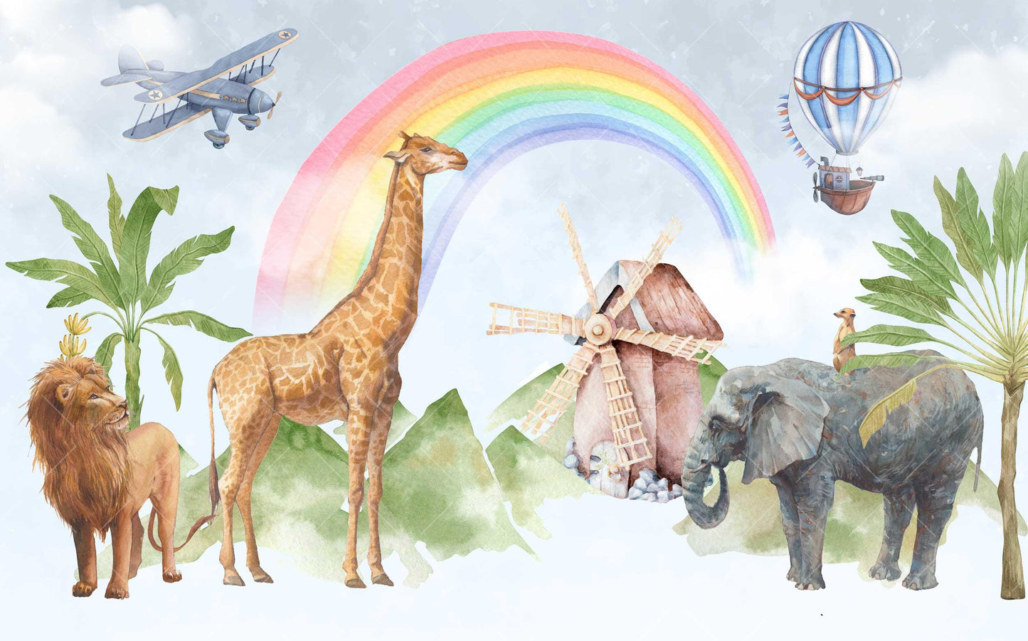 Tropical Animals Under Rainbow Kids Wallpaper, Watercolor Wallpaper Nursery, Giraffe Lion Elephant Child Wallpaper, Colourful Baby Wallpaper