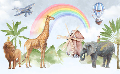 Tropical Animals Under Rainbow Kids Wallpaper, Watercolor Wallpaper Nursery, Giraffe Lion Elephant Child Wallpaper, Colourful Baby Wallpaper
