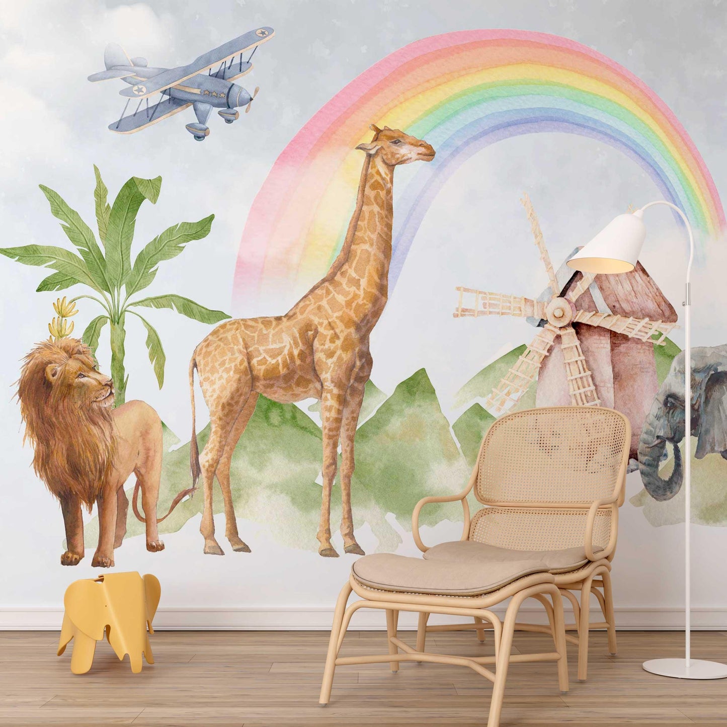 Tropical Animals Under Rainbow Kids Wallpaper, Watercolor Wallpaper Nursery, Giraffe Lion Elephant Child Wallpaper, Colourful Baby Wallpaper
