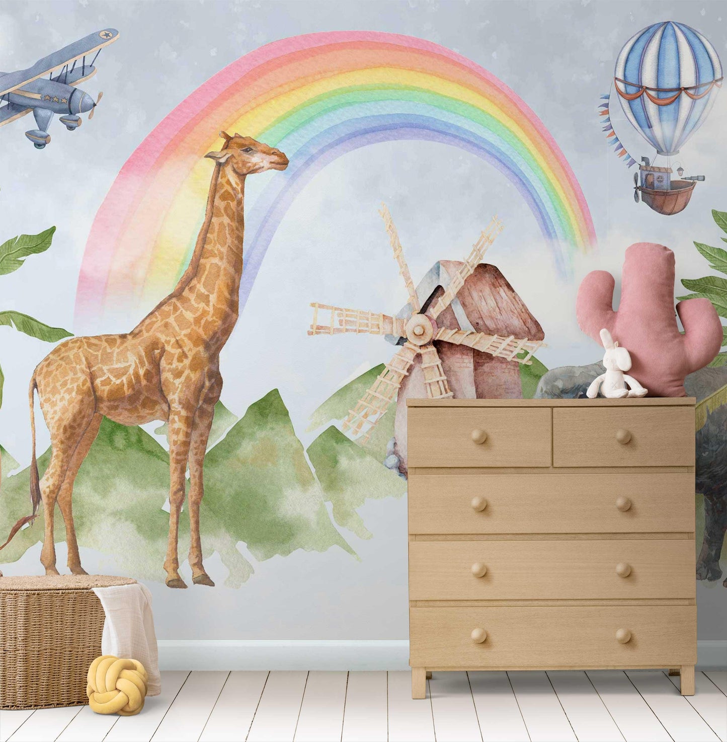 Tropical Animals Under Rainbow Kids Wallpaper, Watercolor Wallpaper Nursery, Giraffe Lion Elephant Child Wallpaper, Colourful Baby Wallpaper