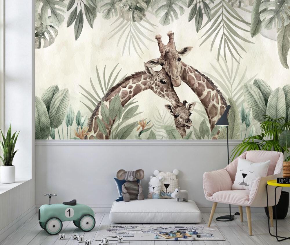 Giraffe Family Kids Wallpaper, Minimalist Safari Kids Wallpaper, Jungle Animals Wallpaper Nursery, Baby Wallpaper, Green Leaves Wallpaper