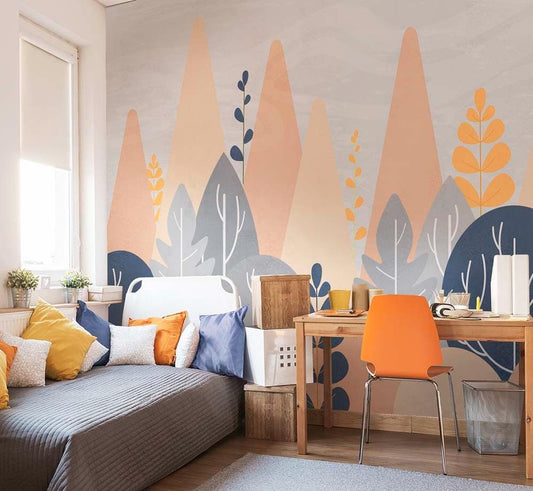 Orange Mountain Pattern Kids Room 3D Wallpaper, Illustration Mountain Wallpaper, Fun Child Wallpaper, Watercolor Wallpaper Nursery