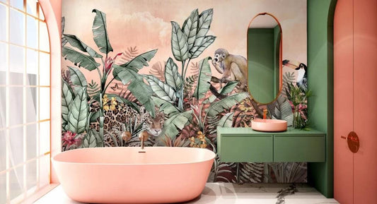 Tropical Pattern 3D Wallpaper with Monkeys, Exotic Plant Floral Wallpaper, Leaves Bohemian Wallpaper, Botany Mural, Bathroom Wallpaper