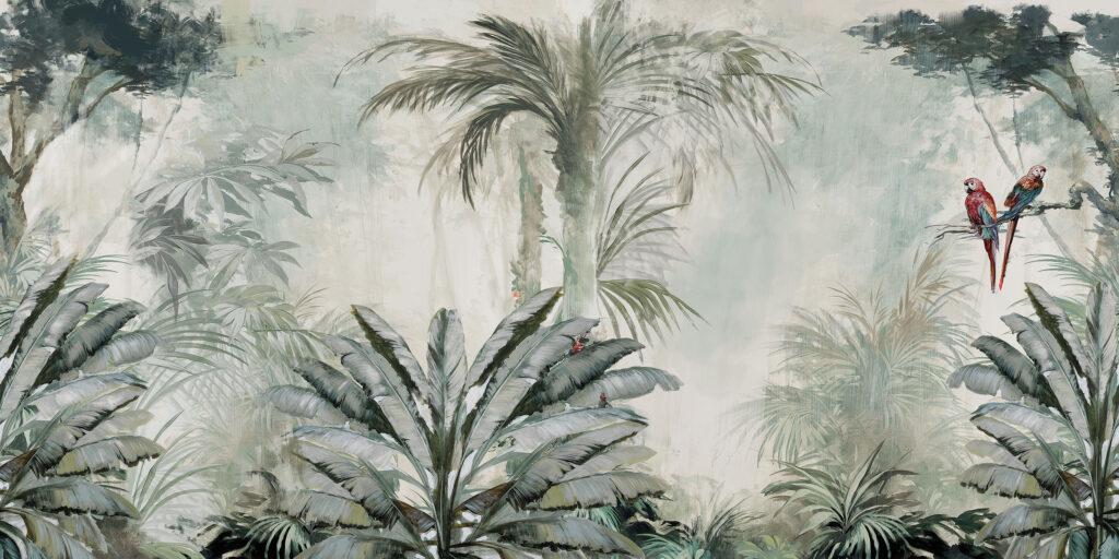 Tropical Parrot and Misty Forest Wallpaper, 3D Wallpaper, Exotic Plant Floral Wallpaper, Palm Leaves Bohemian Wallpaper, Botany Wallpaper