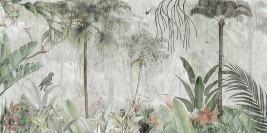 Antique Tropical Forest Animals Wallpaper, Rainforests and Natives Themed Wallpaper, Bird Sanctuary Wallpaper, Exotic Plant Floral Wallpaper