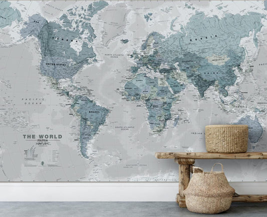 3D Wallpaper with Scaled World Map Pattern in Blue Tones, Bohemian Wallpaper, Peel and Stick Wallpaper, Drawwing Wallpaper