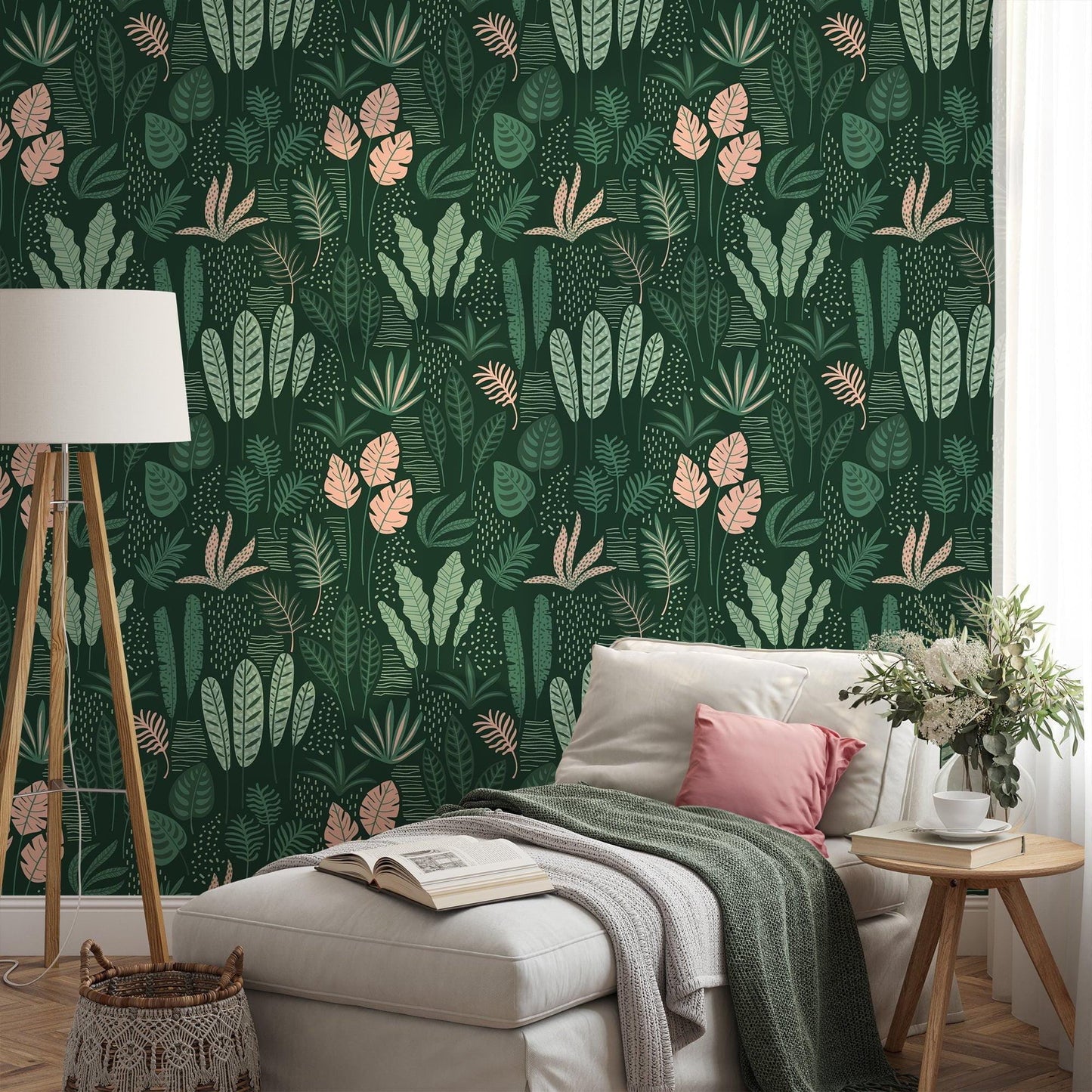 Plain Abstract Green Leaves and Branches Wallpaper, Stylish Tropical Leaf Wallpaper,  Illustration Botanical Garden Plants Flower Wallpaper