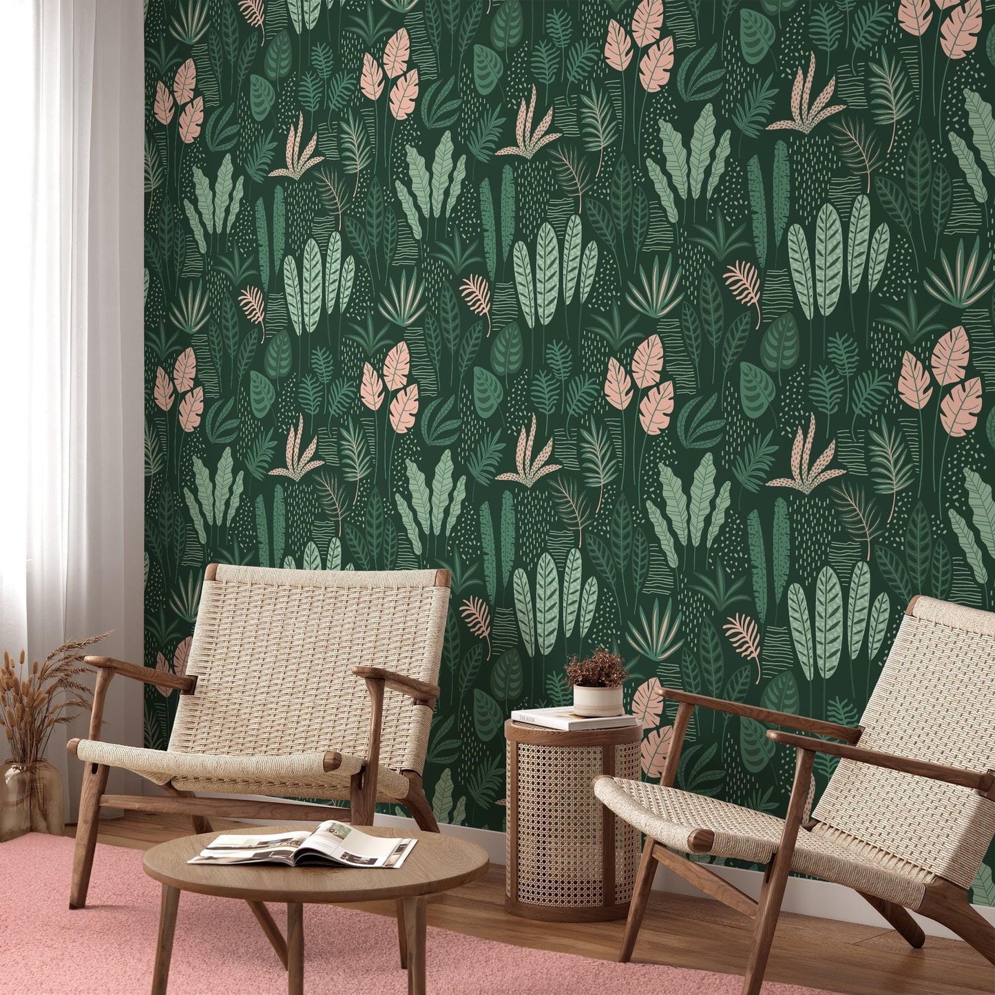 Plain Abstract Green Leaves and Branches Wallpaper, Stylish Tropical Leaf Wallpaper,  Illustration Botanical Garden Plants Flower Wallpaper