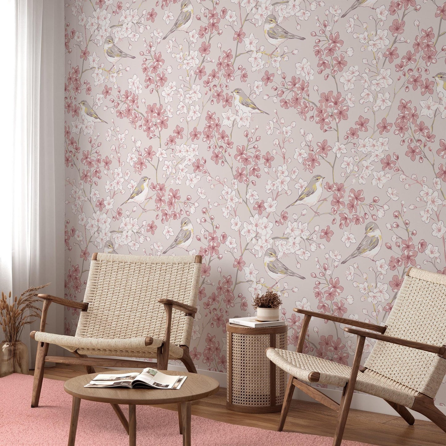 Pastel Pink Floral Bird Wallpaper, Cherry Blossoms and Birds Wall Poster, Elegance Nature Wallpaper with Flowers, Vintage Romantic Wallpaper