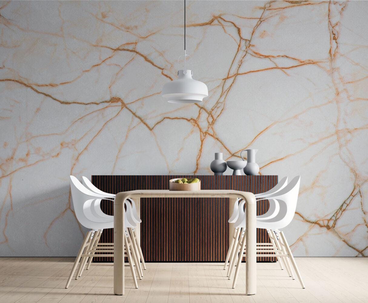 Marble Pattern Wallpaper in Ecru and Gold Colors, Design Abstract Peel and Stick Wallpaper, Modern Natural Looking Marble Wallpaper