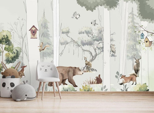 Forest Animals 3D Wallpaper for Kids Room, Bear Squirrel Deer Child Wallpaper, Wallpaper Nursery, Trees Kids Wallpaper, Watercolor Wallpaper