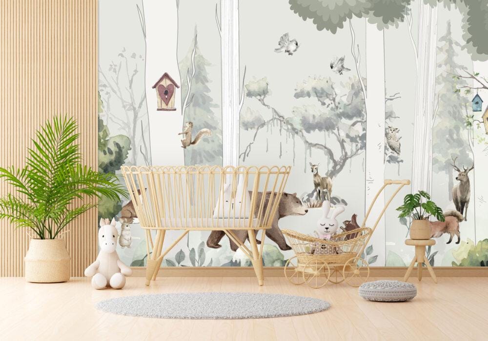 Forest Animals 3D Wallpaper for Kids Room, Bear Squirrel Deer Child Wallpaper, Wallpaper Nursery, Trees Kids Wallpaper, Watercolor Wallpaper