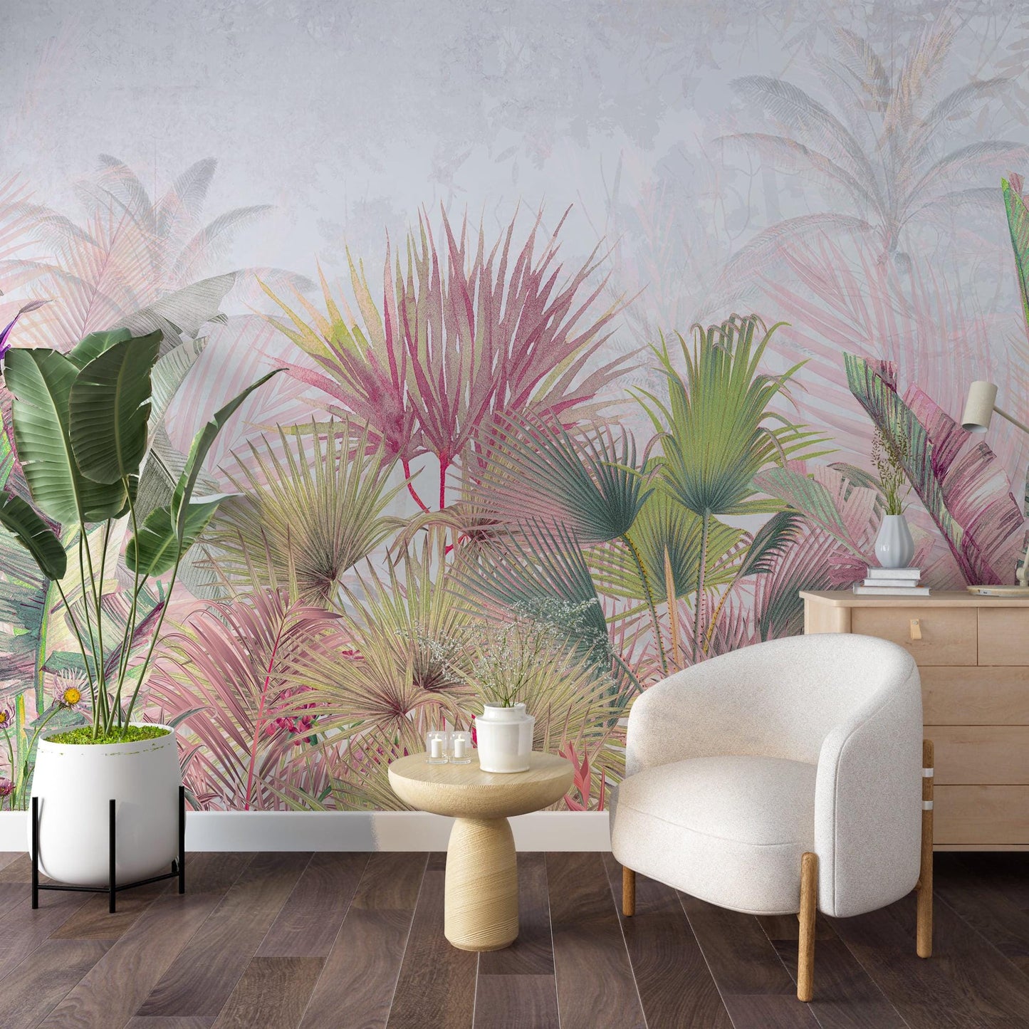 Pink and Green Botanical Wallpaper, Pastel Colored Tropical Leaves Wallpaper,  Pink Forest Wallpaper, Exotic Plant Floral Wallpaper