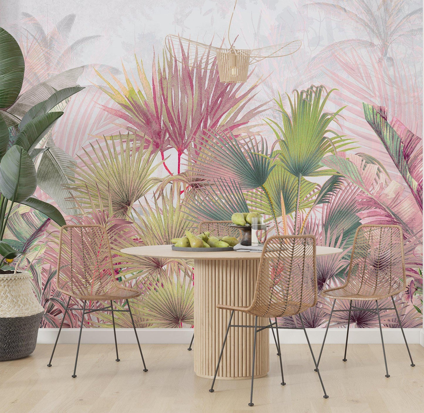 Pink and Green Botanical Wallpaper, Pastel Colored Tropical Leaves Wallpaper,  Pink Forest Wallpaper, Exotic Plant Floral Wallpaper