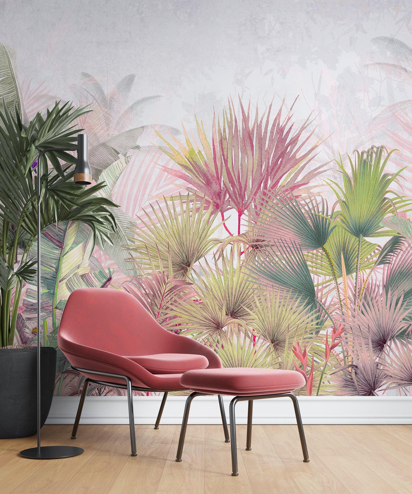 Pink and Green Botanical Wallpaper, Pastel Colored Tropical Leaves Wallpaper,  Pink Forest Wallpaper, Exotic Plant Floral Wallpaper