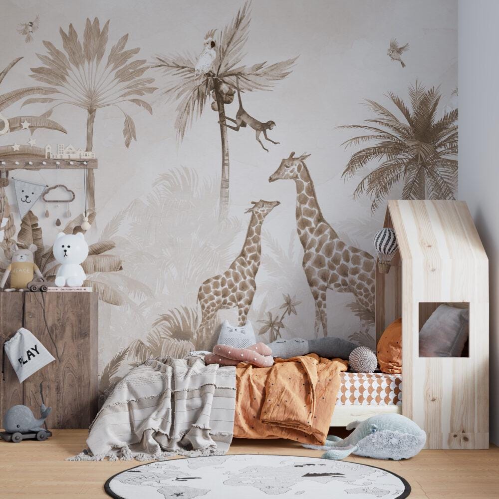 Animals and Tropical Tree in the Beige Jungle Wallpaper, Illustration Safari Kids Wallpaper, Giraffe Wallpaper Nursery, Beige Baby Wallpaper