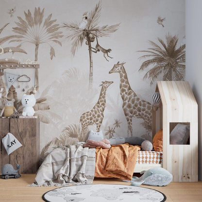 Animals and Tropical Tree in the Beige Jungle Wallpaper, Illustration Safari Kids Wallpaper, Giraffe Wallpaper Nursery, Beige Baby Wallpaper