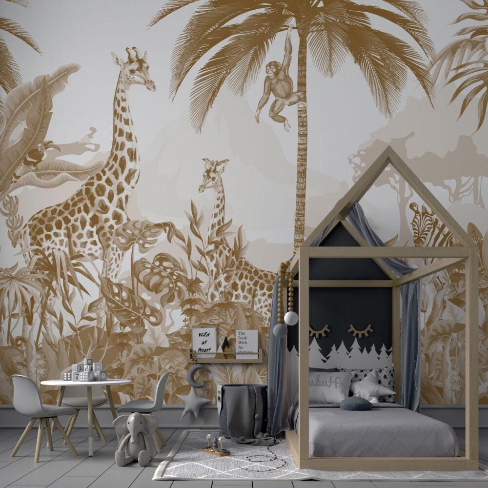 Animals and Tropical Tree in the Sephya Tone Jungle Wallpaper, Illustration Safari Kids Wallpaper, Giraffe Wallpaper Nursery, Baby Wallpaper