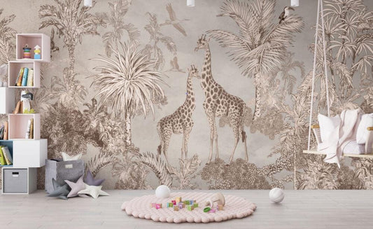 Animals and Tropical Tree in the Brown Tone Jungle Wallpaper, Illustration Safari Kids Wallpaper, Giraffe Wallpaper Nursery, Baby Wallpaper