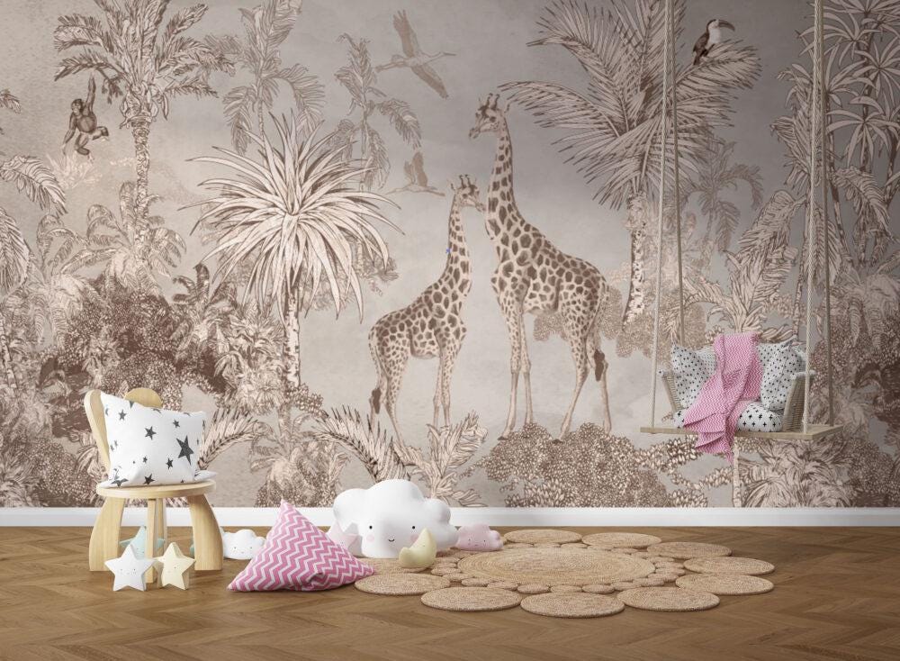 Animals and Tropical Tree in the Brown Tone Jungle Wallpaper, Illustration Safari Kids Wallpaper, Giraffe Wallpaper Nursery, Baby Wallpaper